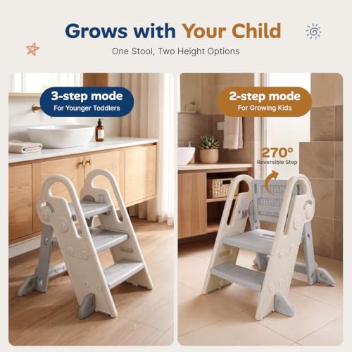 HOMEAL Toddler Step Stool for Bathroom Sink - 3 Step Gray Child Potty Training