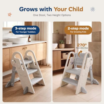 HOMEAL Toddler Step Stool for Bathroom Sink - 3 Step Gray Child Potty Training