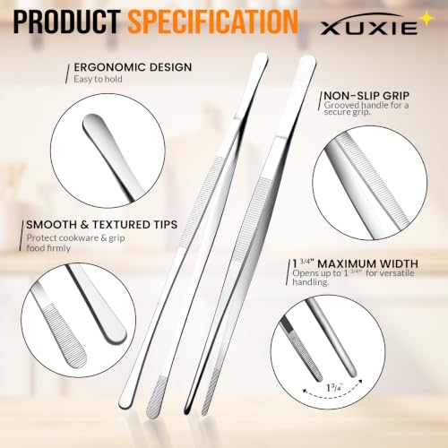 Silver Cooking Tweezers 12" Kitchen Tongs with 6 BBQ Skewers - 2 Pcs Set