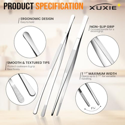 Silver Cooking Tweezers 12" Kitchen Tongs with 6 BBQ Skewers - 2 Pcs Set