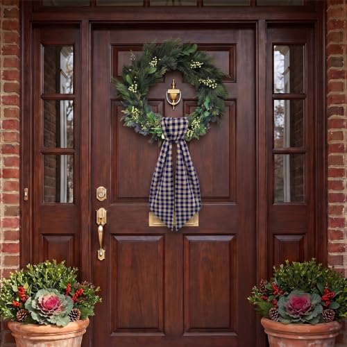 Navy Blue Linen Plaid Wreath Sash for Front Door - Holiday & Event Decor