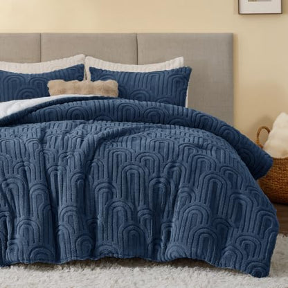 Arch Navy Sherpa Comforter Set Queen - Warm & Fluffy Bed Bedding