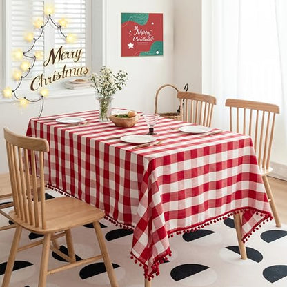 Jubilantex Buffalo Plaid Tablecloth Red White 54x54 Inches with Tassels - Square