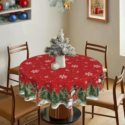 Christmas Snowman Round Tablecloth 60 Inch - Red Holiday Decor