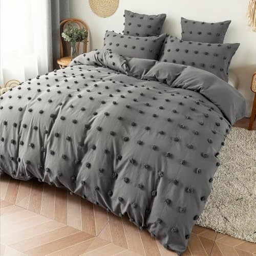 Grey Full Size Duvet Cover Set with Pom Poms and Embroidery Design