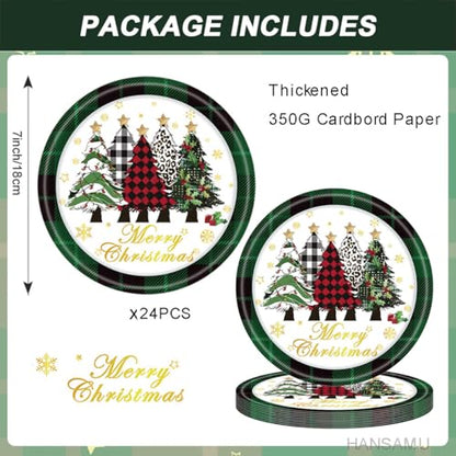 Christmas Green Plaid Paper Plates Set of 24 - Holiday Disposable Dinnerware
