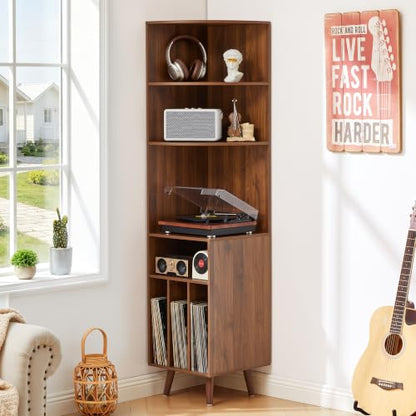 Tall Walnut Corner Record Player Stand with 5-Tier Storage - 67"