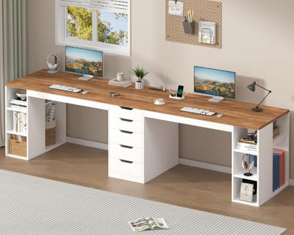 Brown and White 95 Inch 2 Person Desk with 5 Drawers & Outlets for Home Office