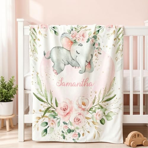 Personalized Baby Blanket with Name - Elephant Floral Watercolor - Watercolor A-01