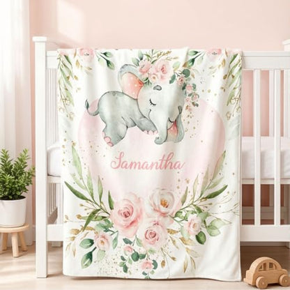 Personalized Baby Blanket with Name - Elephant Floral Watercolor - Watercolor A-01