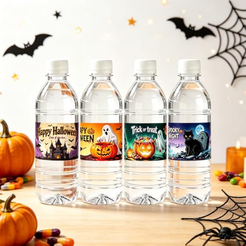 Halloween Waterproof Water Bottle Stickers - Pumpkin Ghost Witch Wraps, Party Decor, 48 Pieces