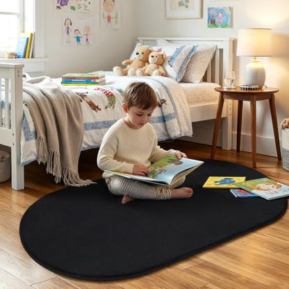Amearea Black Oval Bedroom Rug 2.6 x 5.3 ft Non-Slip Memory Foam Bedside Mat