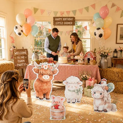 Farm Animal Cutouts Set - Highland Cow, Pony, Lamb & Pig for Barnyard Party Decorations - Variation of Farm Animal