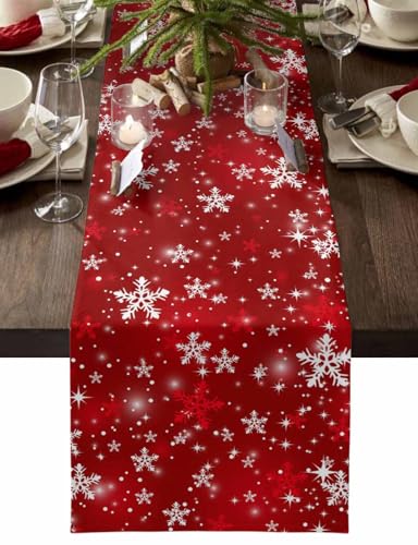 Red Christmas Table Runner 13x72 Inches Snowflake Holiday Decor - Farmhouse Style