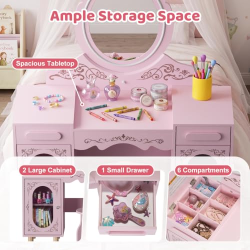 Kids Vanity Set with Large Lighted Mirror and Storage Cabinet - Princess Toddler Dressing Table & Stool