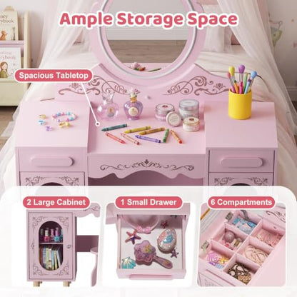 Kids Vanity Set with Large Lighted Mirror and Storage Cabinet - Princess Toddler Dressing Table & Stool