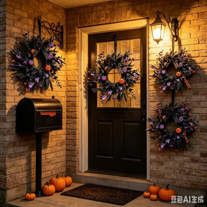 Halloween Hanging Wreaths with Black Foliage and Orange Pumpkins - 4 Pieces, Gothic Decor
