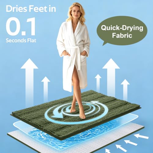 Christmas Striped Bathroom Rug Set - Oliver Green 3-Piece Non Slip Chenille Bath Mat, Absorbent Plush Shaggy Rugs for Bathroom, Bedroom, Kitchen - Variation of Oliver Green / 2'8"x1'8"+2'×1'5"+U Shape 2'×1'8"