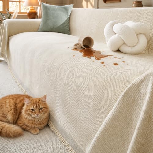 Waterproof Oversized Couch Cover for Dogs 91 x 150 Inches - Washable & Water-Repellent Chenille Sofa Protector with Herringbone Design