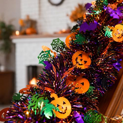 Halloween Metallic Tinsel Twist Garland - Orange and Purple Pumpkin Bat Spider Decorations - 50FT Indoor Outdoor Party Streamers - Halloween