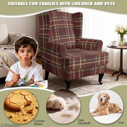 Brown Plaid Wingback Armchair Cover 2-Piece Stretch Protector - LACIYISON