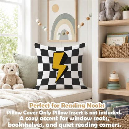 Race Car Room Decor Pillow Cover 18x18 - White & Black Racing Theme