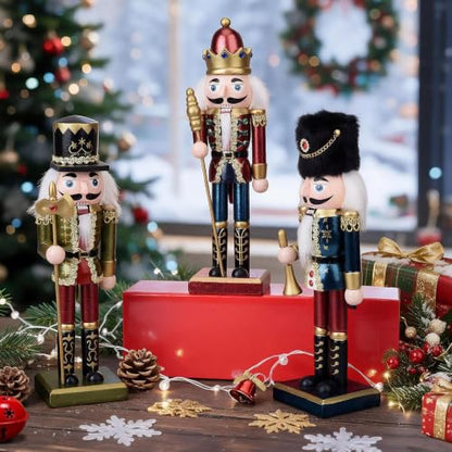 Christmas Wooden Nutcracker Set of 3 King & Soldiers Holiday Decor