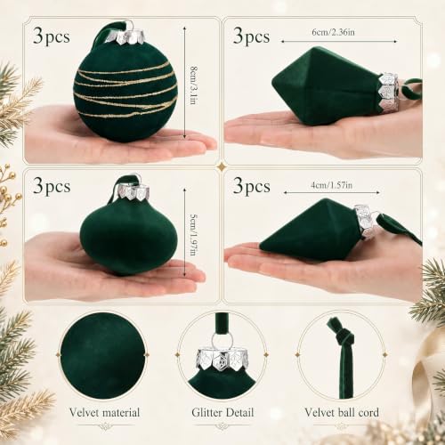 12 Pcs Velvet Christmas Ornaments Balls Flocked Holiday Decorations - Green