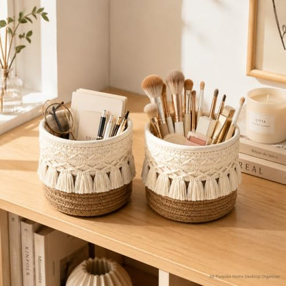Mini Boho Macrame Cotton Woven Storage Baskets Set of 2 - Foldable Makeup & Home Organizer