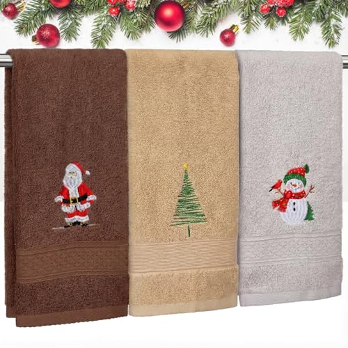 3 Pcs Christmas Hand Towels for Bathroom with Santa Claus Embroidery, 13.3 x 29 Inches - Brown, Gray & Beige