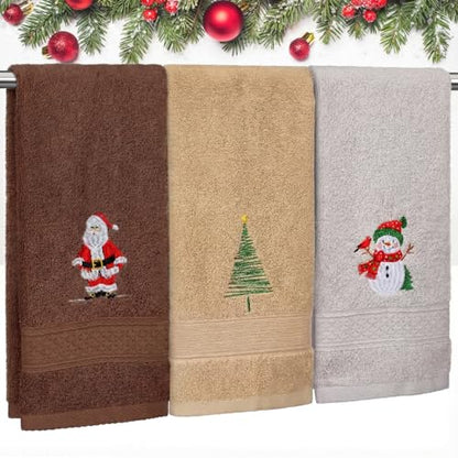 3 Pcs Christmas Hand Towels for Bathroom with Santa Claus Embroidery, 13.3 x 29 Inches - Brown, Gray & Beige