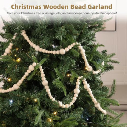 Natural Wood Bead Garland 18.4 Ft Rustic Boho Christmas Decor - 2 Pcs