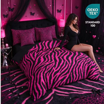 Pink Zebra Comforter Set with Sheets - Twin Size, 7-Piece Bed in a Bag, Hot Pink and Black, Kids Bedroom Bedding