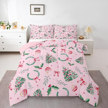 Merry Christmas Kids Comforter Set Twin Green Pink Yellow Xmas Bedding