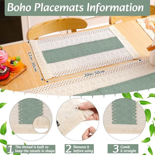 Boho Green Table Runner and Placemats Set of 4 - Sage Green, 12x72