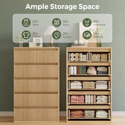 6-Drawer Fluted Dresser in Natural Oak - Tall Deep Drawers, Handleless Modern Wood Chest