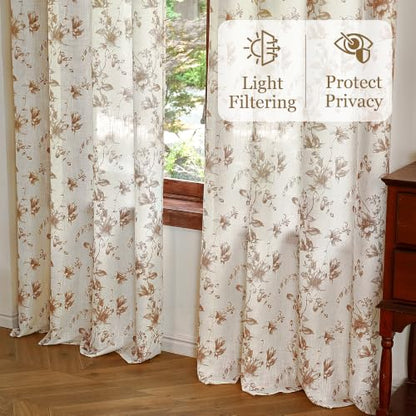 Taupe Vintage Floral Linen Curtains - 52W x 84L Inches, Pack of 2, Semi Sheer