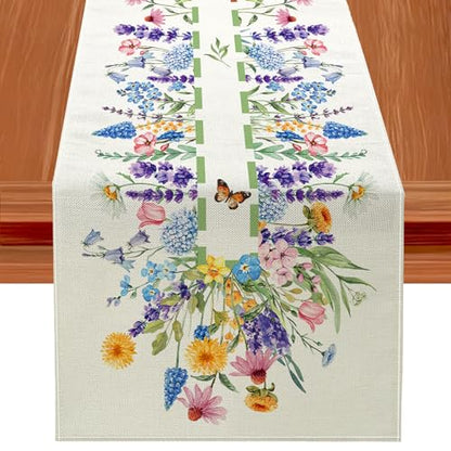Spring Floral Linen Table Runner - Calendula & Lavender Farmhouse Decor, 13x72 Inch - Spring Home & Party Decoration - Variation of SpringB / 13x72 Inch