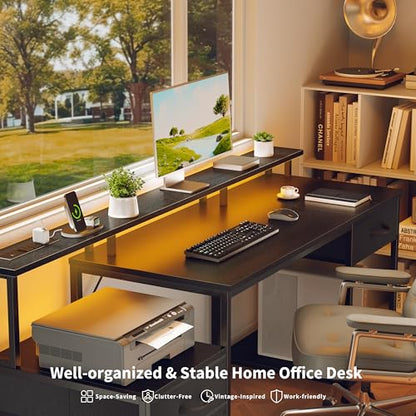 55 Inch Computer Desk with File Drawer and RGB LED Lights - Dark Black