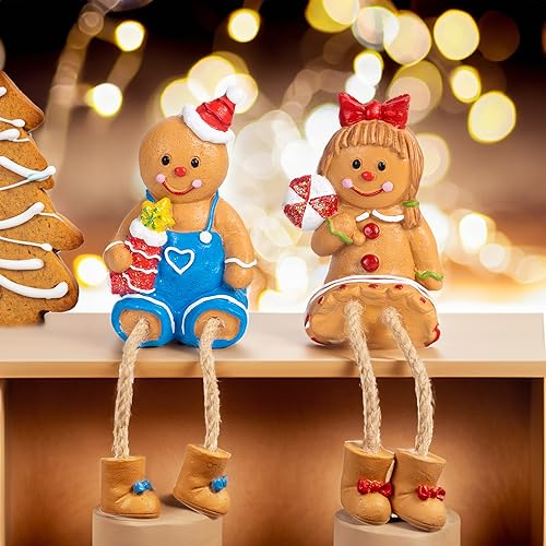 Christmas Gingerbread Man Figurines Set of 2 - Resin Decor with Dangling Legs