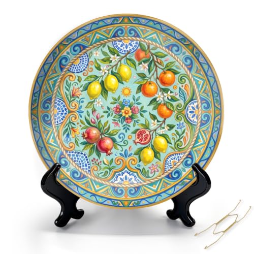 10-Inch Ceramic Decorative Plate with Stand & Hook - Mediterranean Citrus Mandala in Color 4