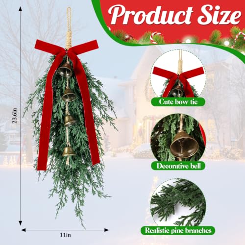 4 Pack Christmas Cedar Teardrop Swags with Velvet Ribbons & Bells - Burgundy