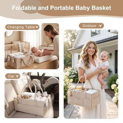 Beige 3-Tier Rolling Diaper Caddy Cart with Wheels & Removable Dividers - Baby Organizer