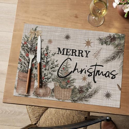 Christmas Placemats Set of 6 12x18 Inches Vinyl Holiday Table Mats - Beige
