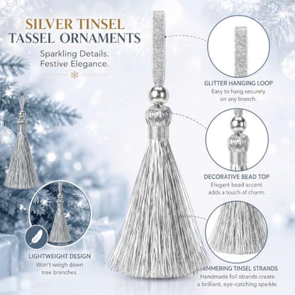 Silver Christmas Tinsel Tassel Ornaments - 12 Pack Holiday Tree Decor