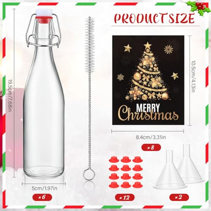Maxcheck 6 Pack 16oz Swing Top Glass Bottles with Christmas Labels - Black & Gold