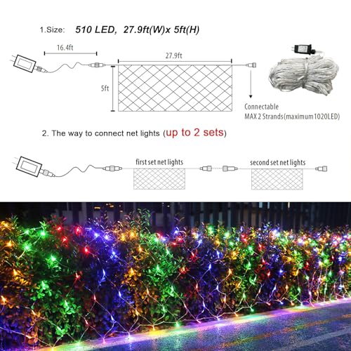 Multicolor 510 LED Christmas Net Lights 28ft x 5ft Waterproof Mesh Lights, 8 Modes, Connectable, Clear Wire