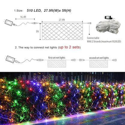Multicolor 510 LED Christmas Net Lights 28ft x 5ft Waterproof Mesh Lights, 8 Modes, Connectable, Clear Wire
