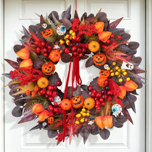 24-Inch Halloween Front Door Wreath with Jack-O'-Lantern and Autumn Foliage
