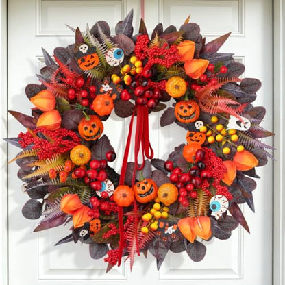 24-Inch Halloween Front Door Wreath with Jack-O'-Lantern and Autumn Foliage